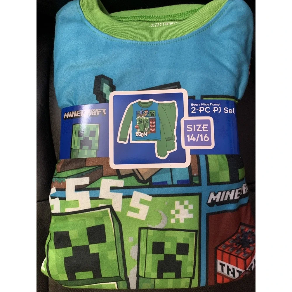 Minecraft Pajama Set Boys Size 4 Green Blue New 2-Pc Flannel Creeper TNT MF369